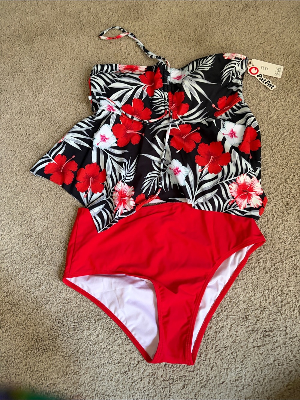 PatPat Black Floral Tankini with Red High-Waist Bottoms